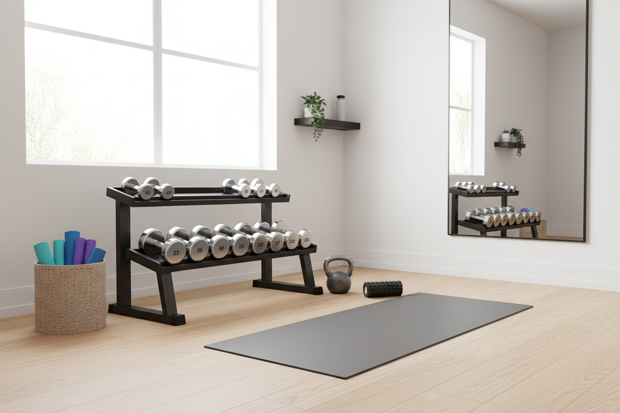 Modern home gym with dumbbell rack, yoga mats, exercise mat, kettlebell, and foam roller