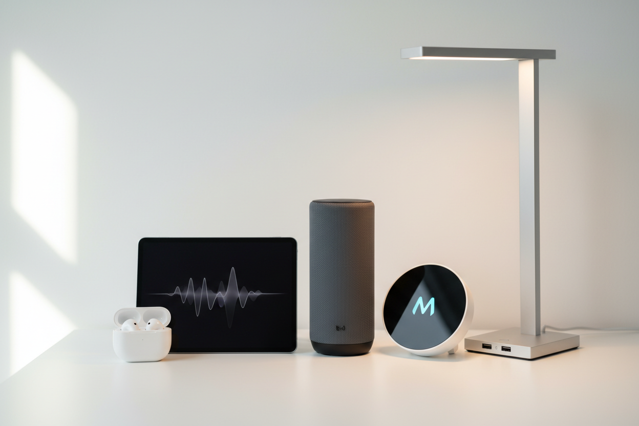 Smart home technology products including earbuds, tablet, smart speaker, and lamp on desk at HomesshopUK