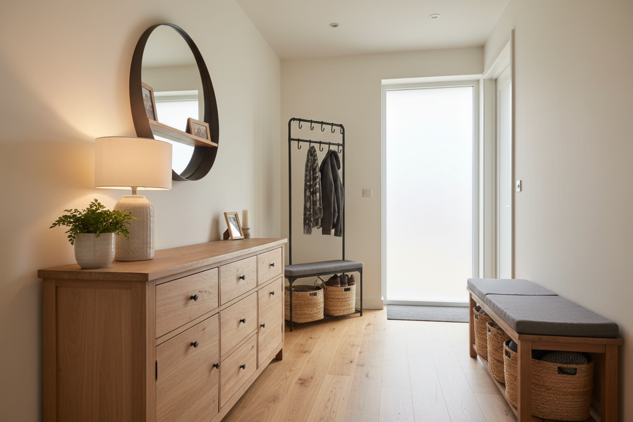 Modern hallway with wooden storage bench, dresser, coat rack, mirror, and home decor by HomesshopUK