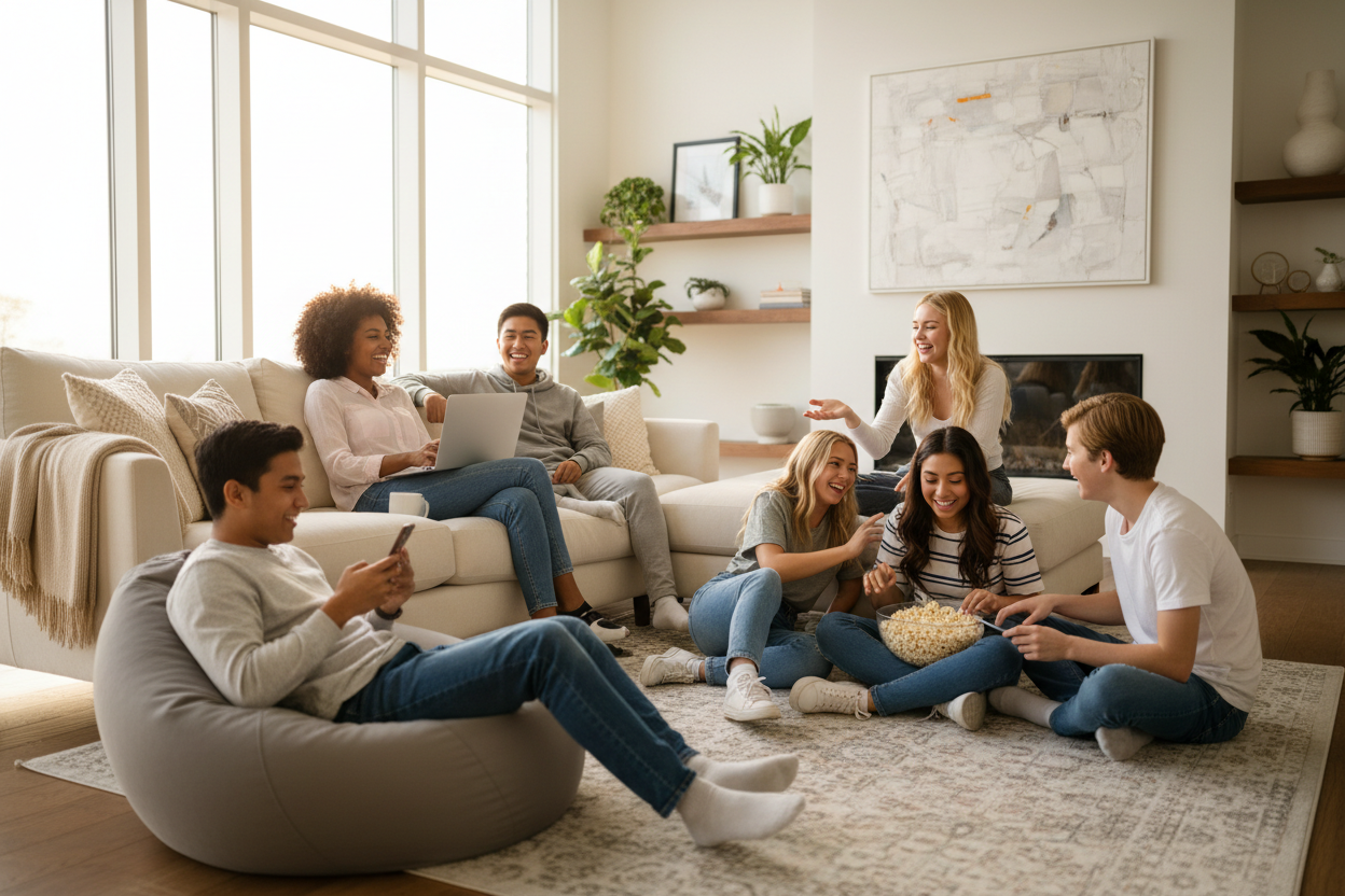 Child playing with toy house in cozy kids room, wicker baskets and educational decor, HomesshopUK