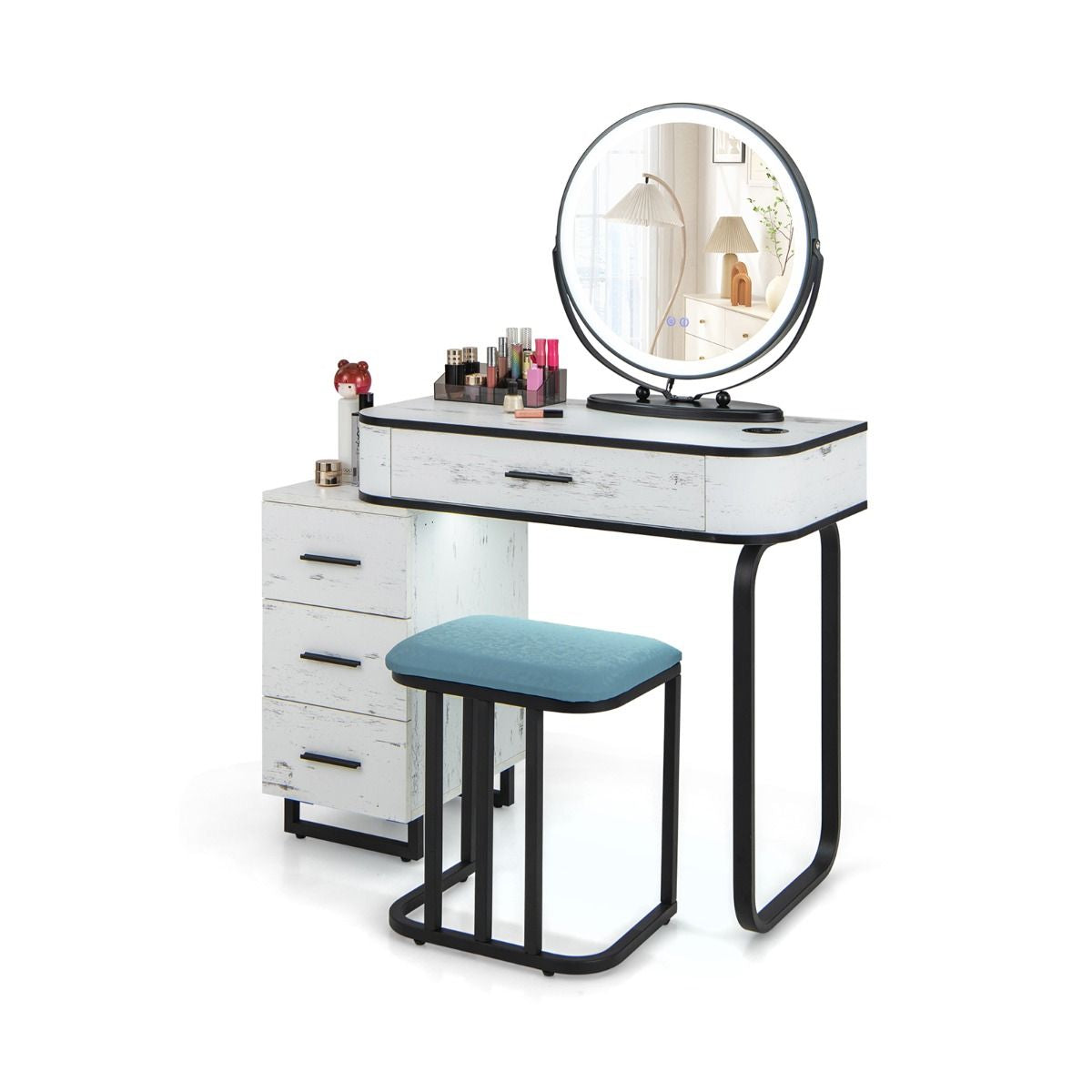 Vanity Table and Stool Set with Adjustable 3-Color Touch Screen Lighted Swivel Mirror