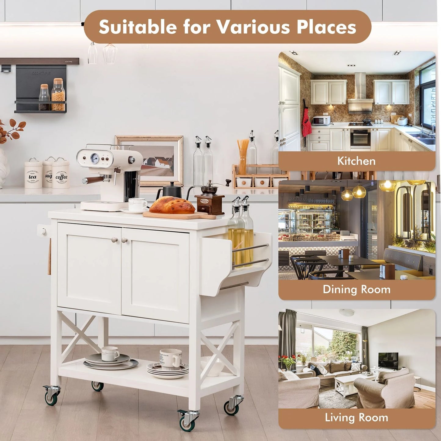 Kitchen Cart with Storage Cabinet, Towel Rack, and Spice Rack