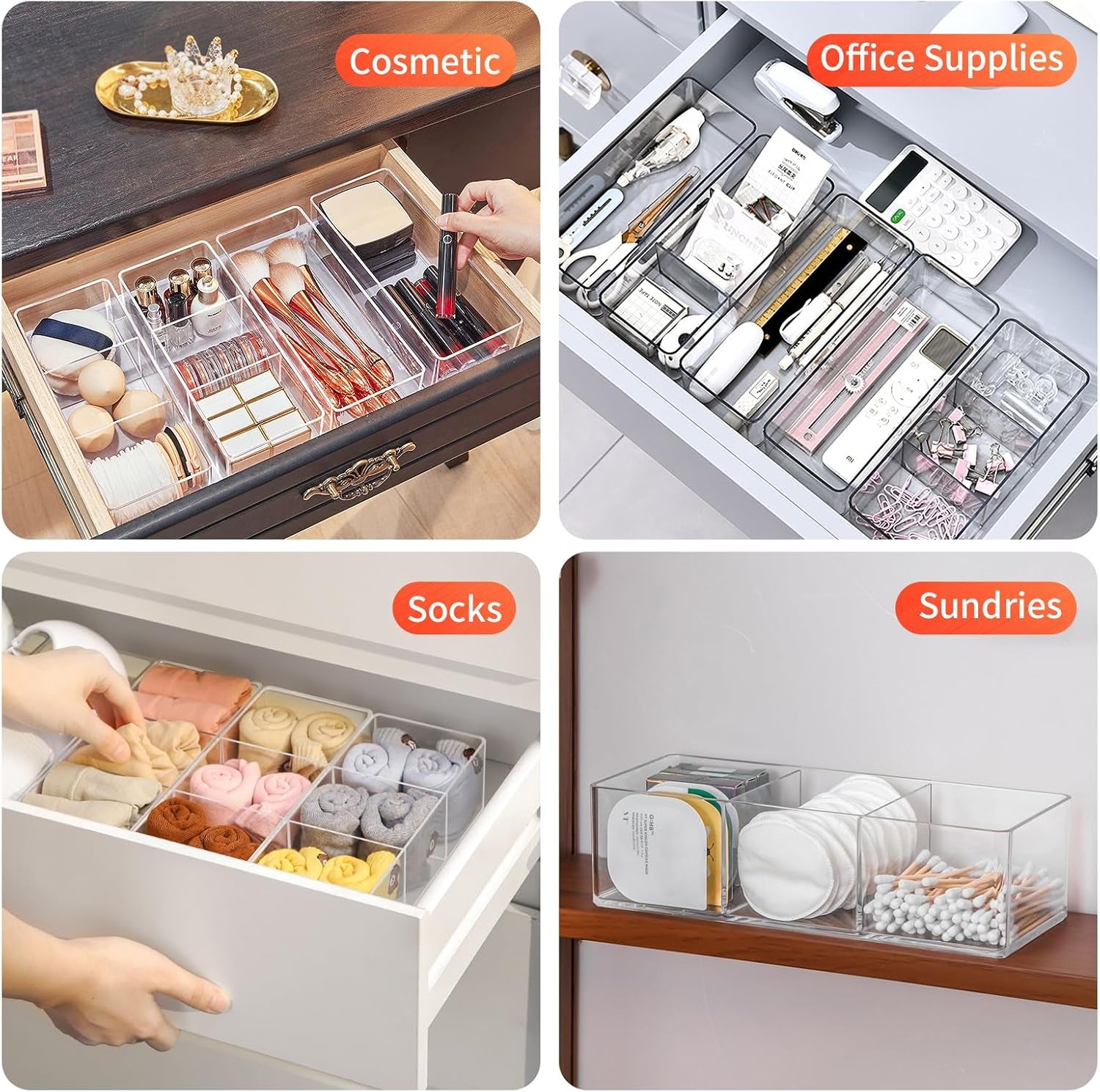 Set of 2 Acrylic Makeup Drawer Organizers with 3-Compartment and 1-Compartment Design, Stackable Clear Cosmetic Storage for Eyeshadow, Lipstick, and Other Makeup Essentials