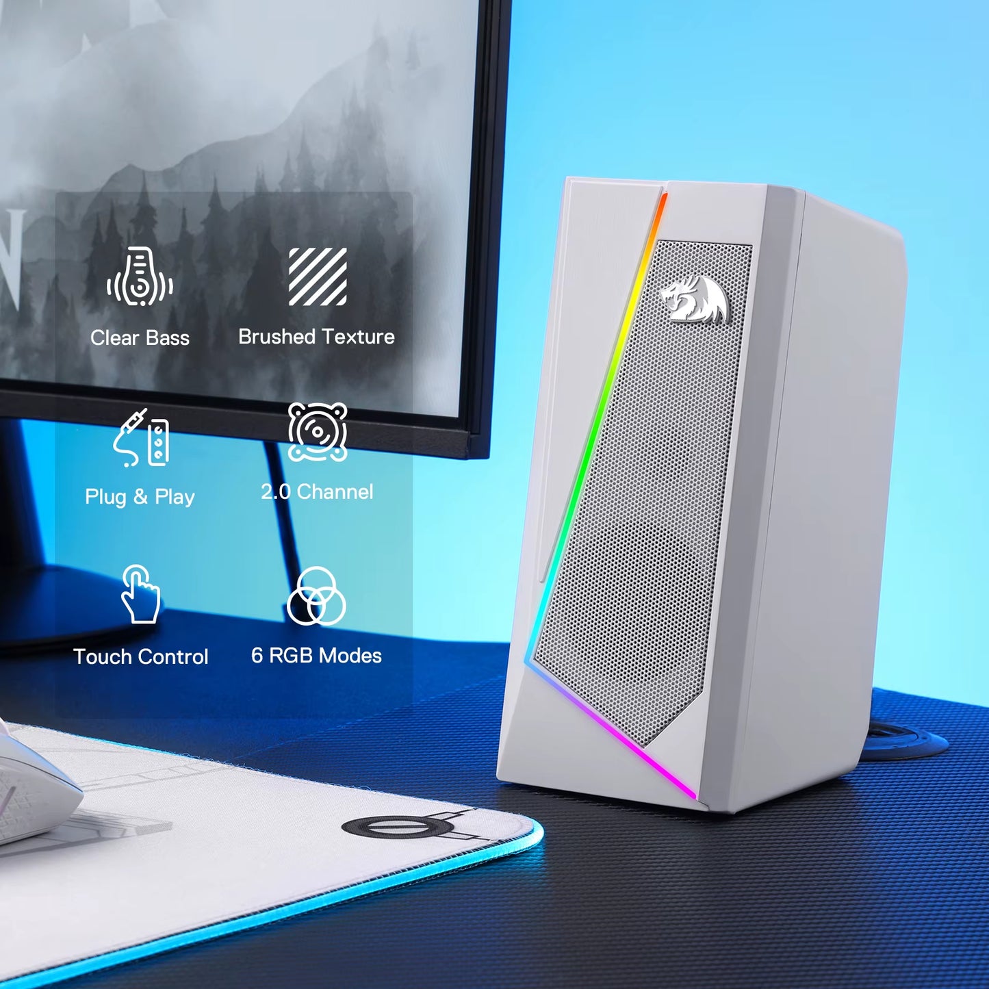 Vibrant GS520 RGB Desktop Speakers - 2.0 Channel PC Stereo with 6 LED Modes & Enhanced Sound in White/Pink