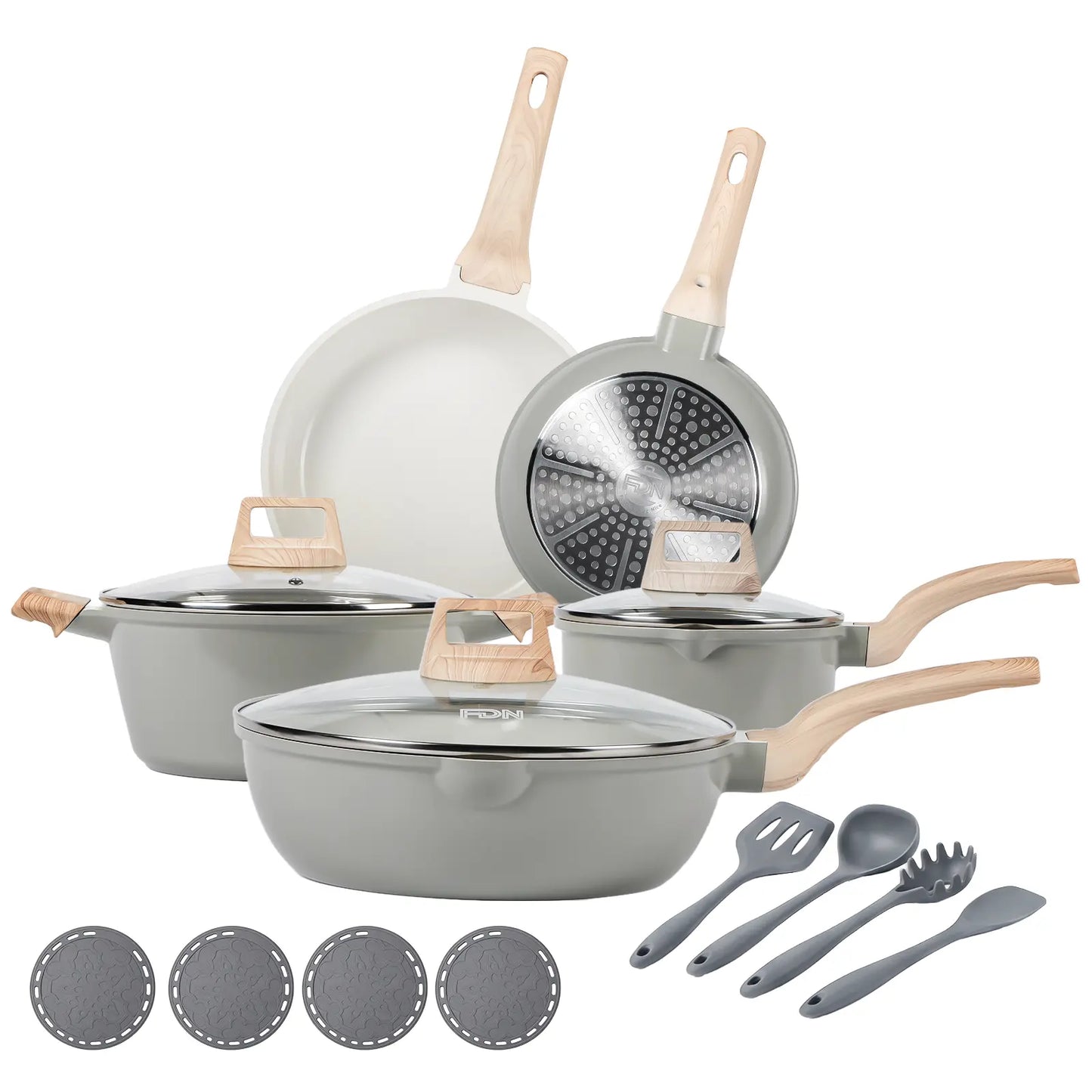 16-Pc Aesthetic Cookware Set - Non-Toxic, PFAS-Free Titanium Ceramic Granite Pots & Pans, Easy-Clean, Oven & Dishwasher Safe, Induction Ready with Fry Pan, Glass Lids & Utensils - Perfect Kitchen Upgrade!