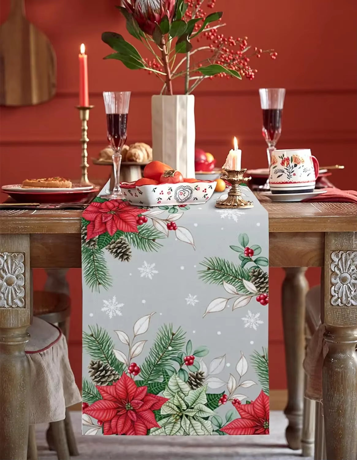 Christmas Poinsettia Linen Table Runners 