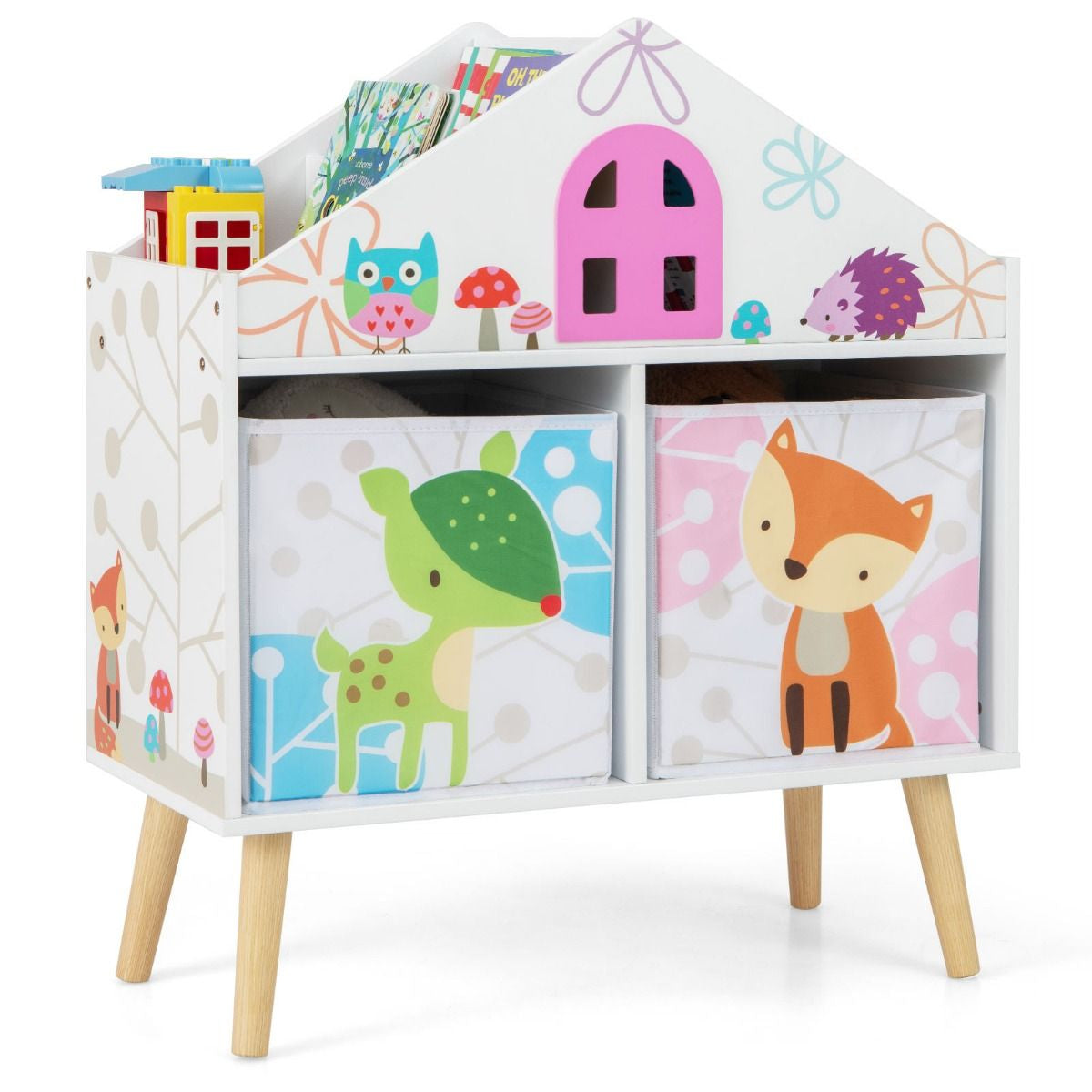 Children's House-Shaped Bookshelf with Two Storage Bins and Elevated Solid Wood Legs
