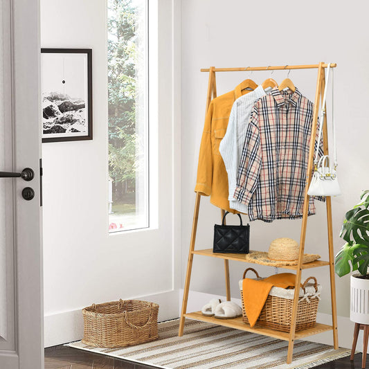 Bamboo Clothing Rack with Hanging Rod, Two Shelves, and Hooks