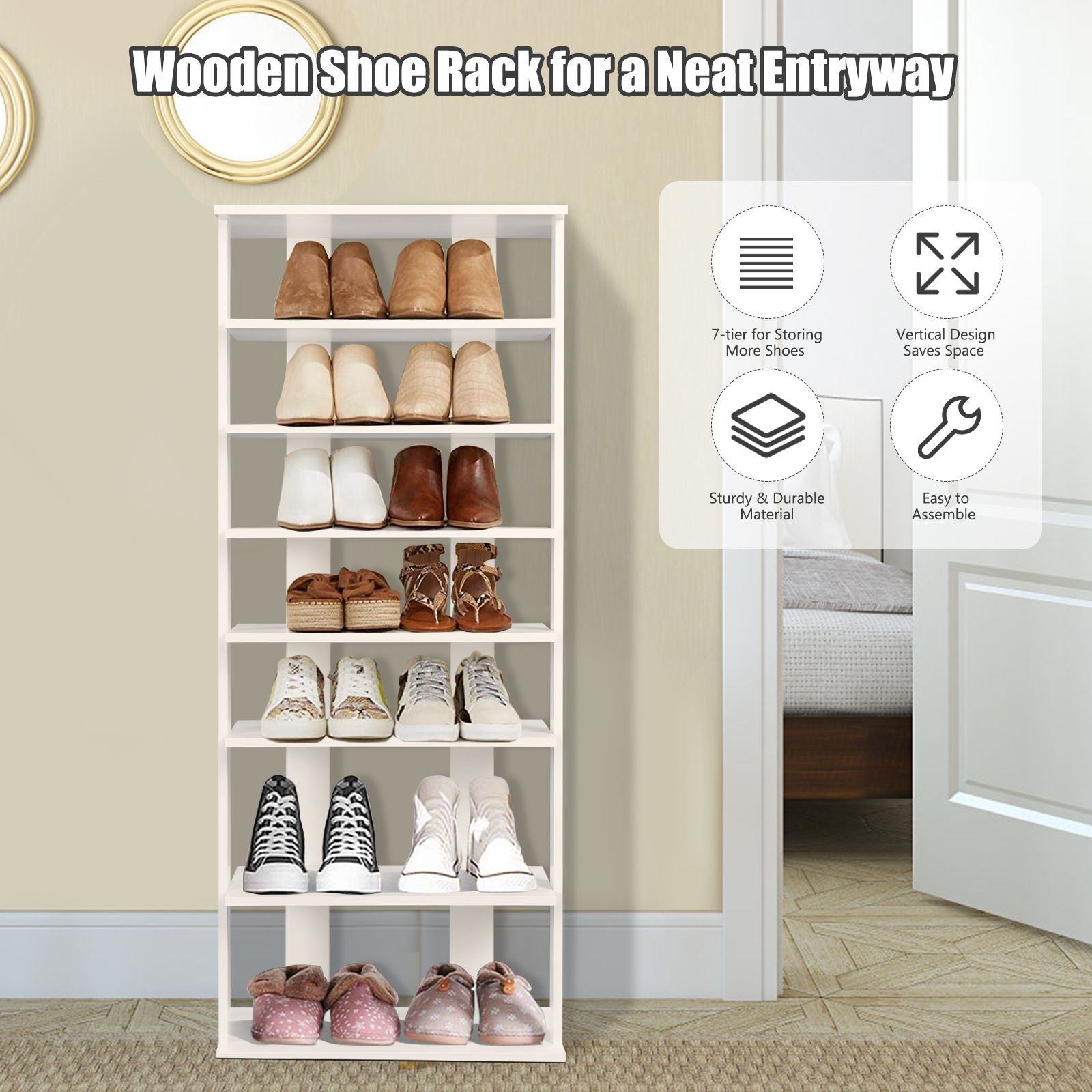 Extra Wide Vertical Wooden Shoe Rack with 7 Shelves