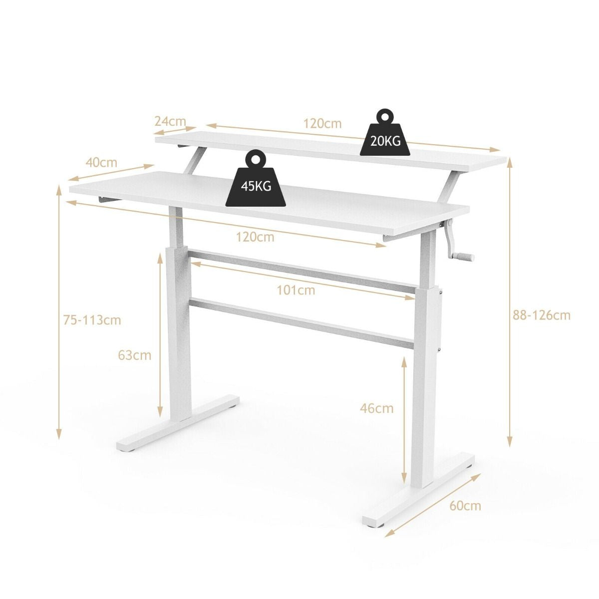 2-Tier Standing Desk with Adjustable Height and Crank Handle