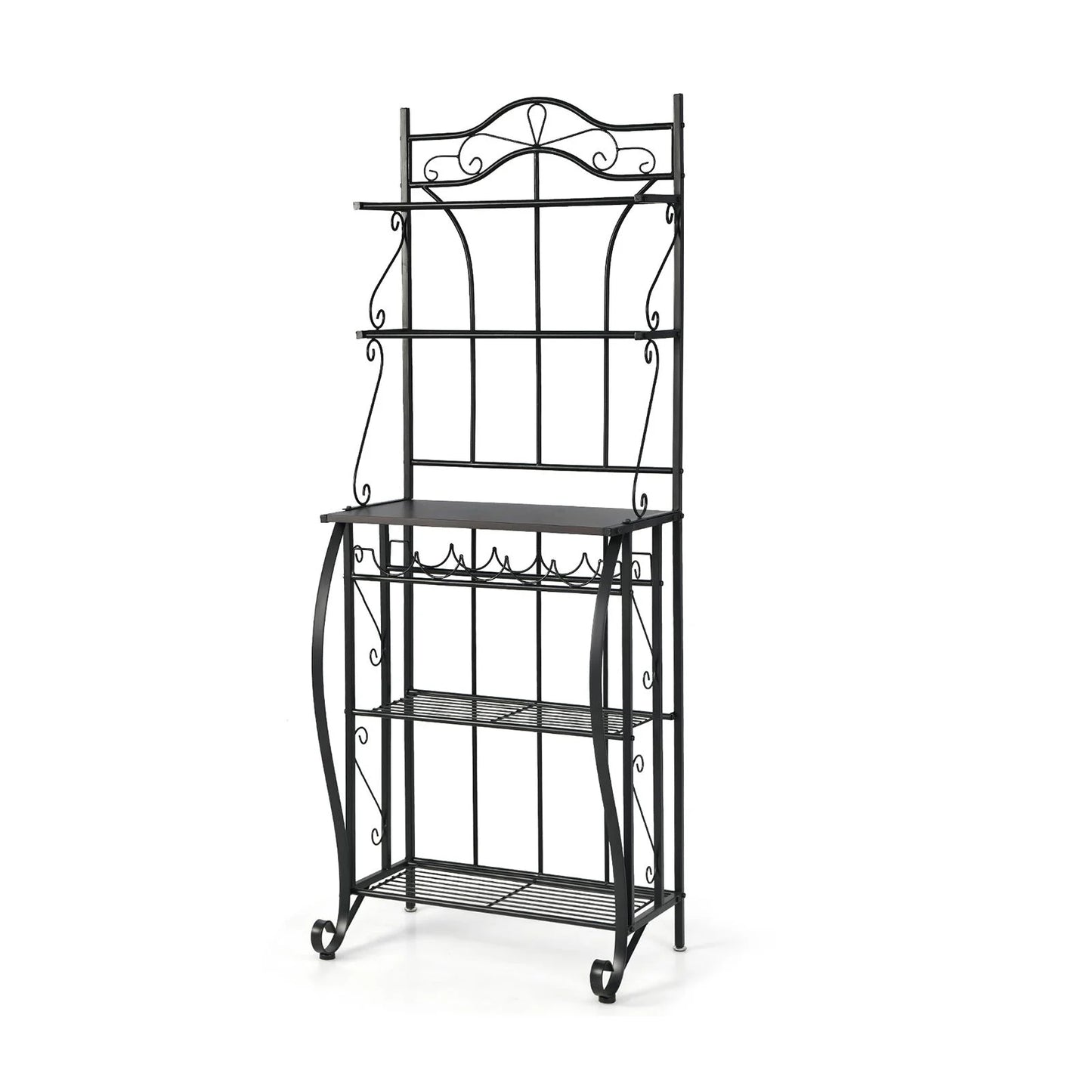 5-Tier Freestanding Baker's Rack with Integrated Wine Rack and Adjustable Feet