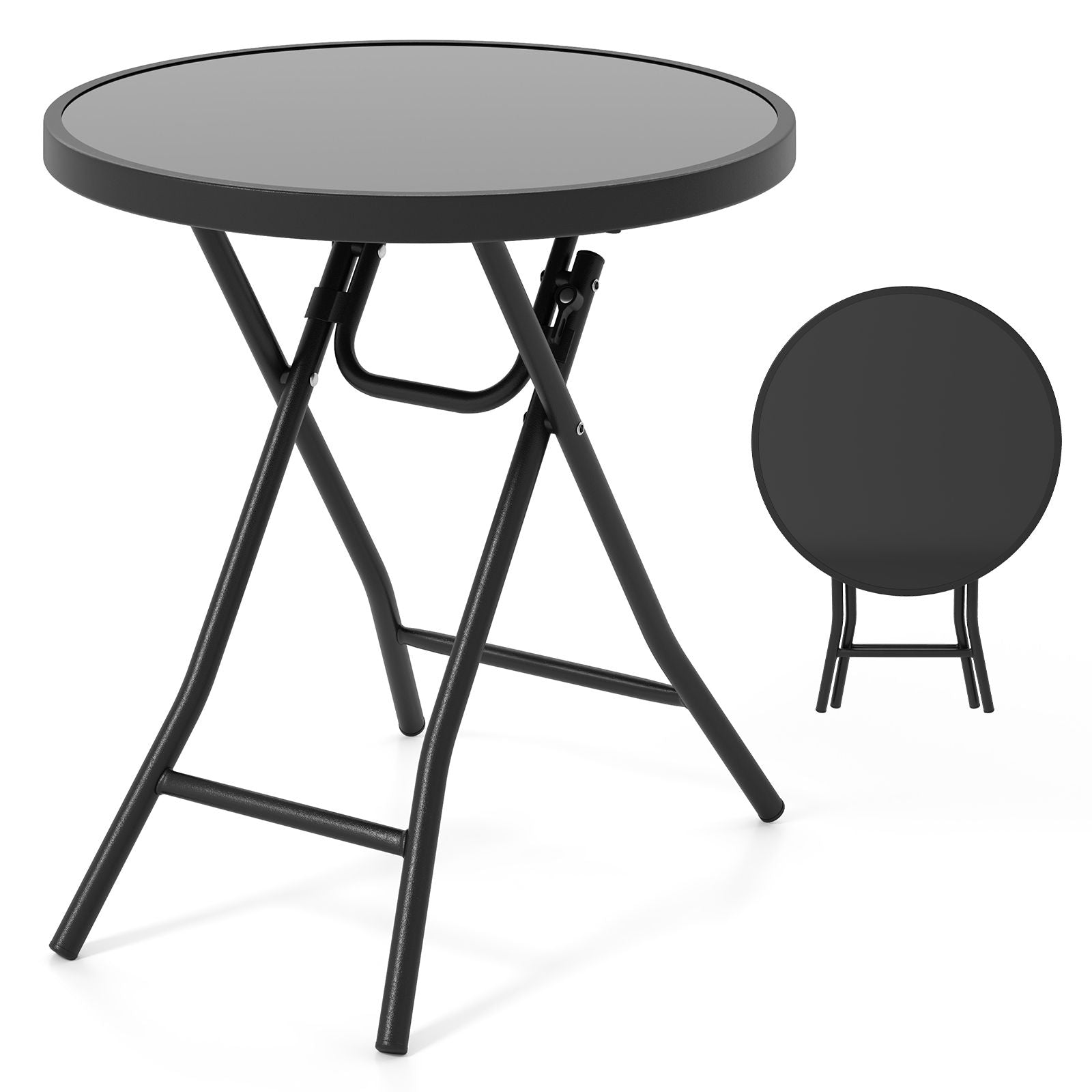 Round Folding Patio Coffee Table with Tempered Glass Top