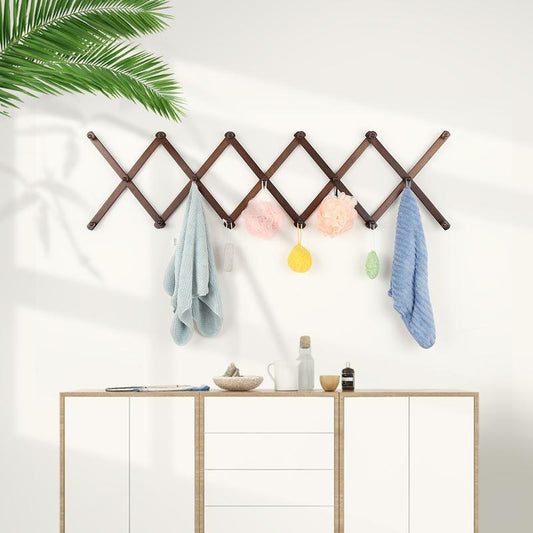 Expandable Accordion Peg Rack with 16 Hooks - Versatile Wooden Organizer for Hats, Coats, Tools & More - Space-Saving Storage Solution for Home, Garage & Entryway (Brown)