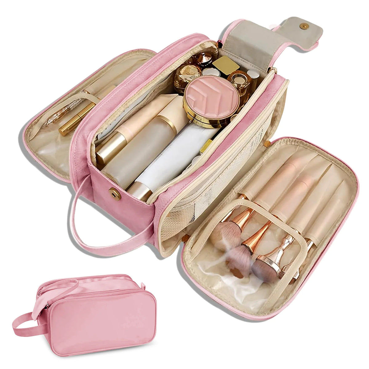 Travel Toiletry Bag for Women Men - Large Travel Toiletry Organizer Makeup Bag, Hanging Cosmetic Bag Kit - Leather