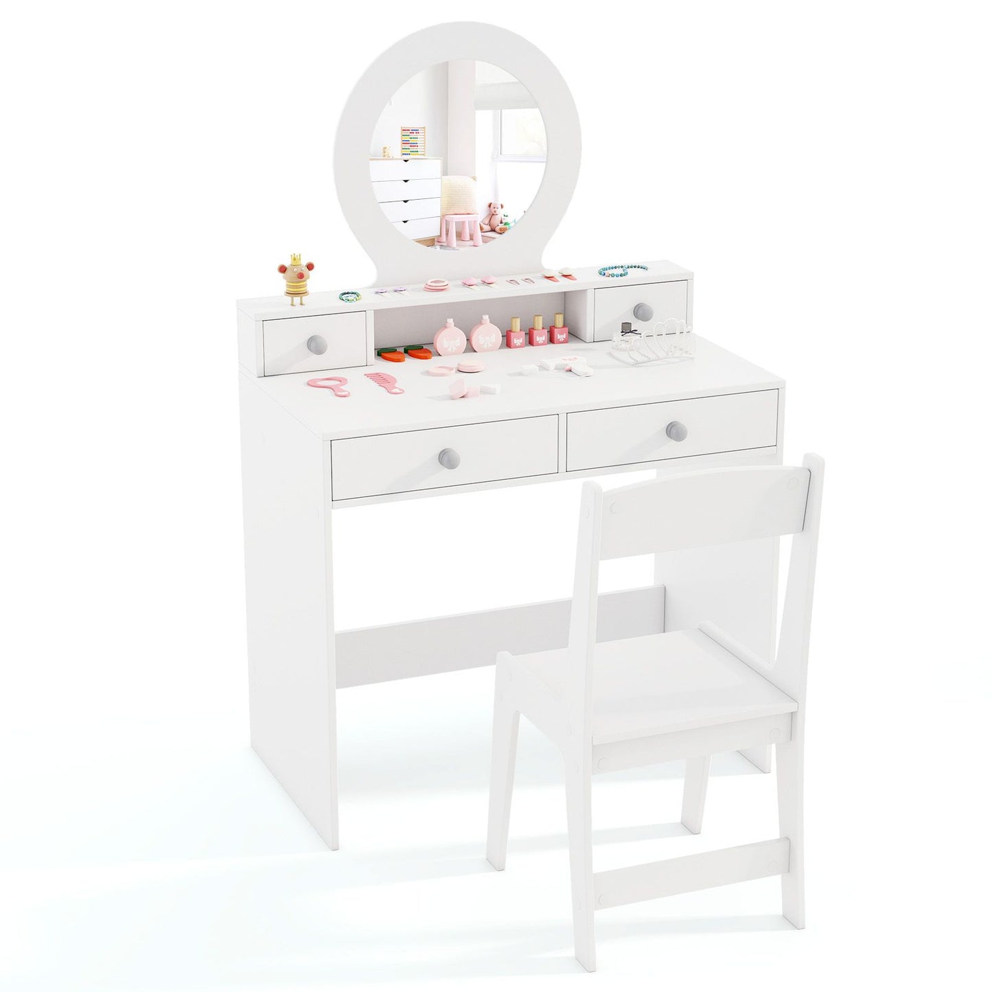 Children's Vanity Set Featuring Open Shelf and Four Storage Drawers