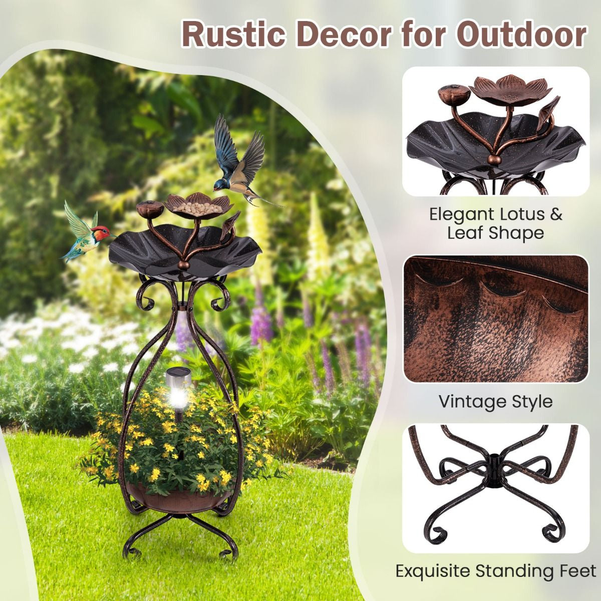 79 cm Solar-Powered Outdoor Bird Bath with Floral Planter Base and Integrated LED Lighting