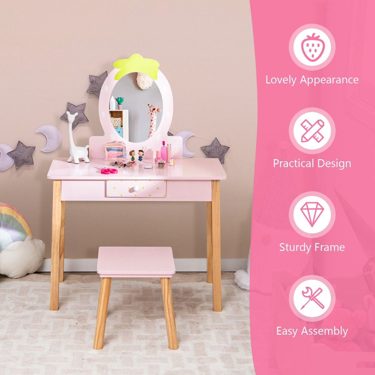 Enchanting Toddler Girls' Dressing Table with Mirror & Stylish Storage Drawer
