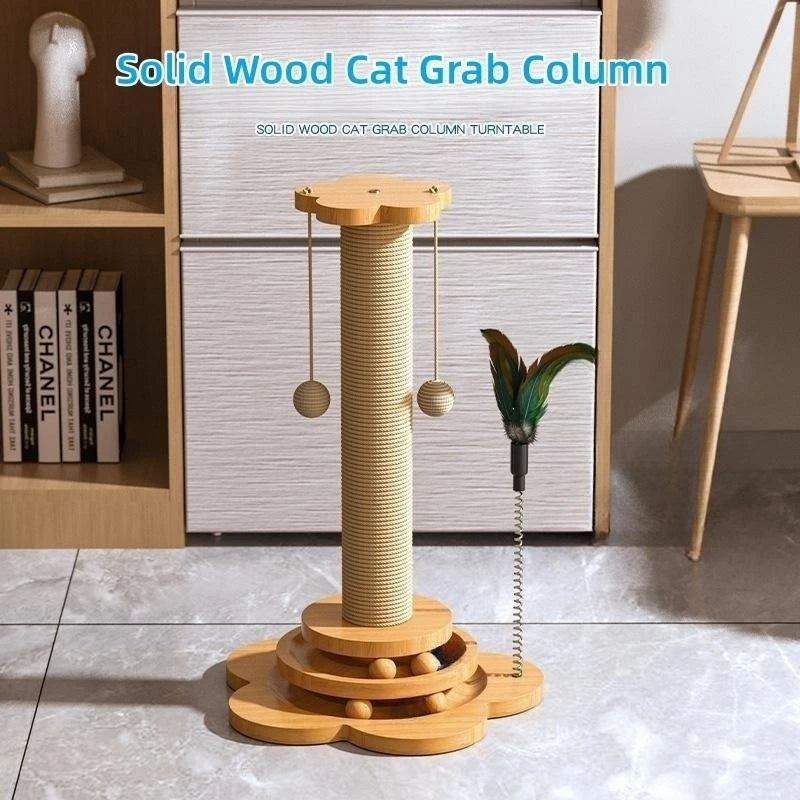 Interactive Solid Wood Cat Turntable with Sisal Scratching Board and Fun Ball Toys - Durable Cat Supplies for Endless Play!