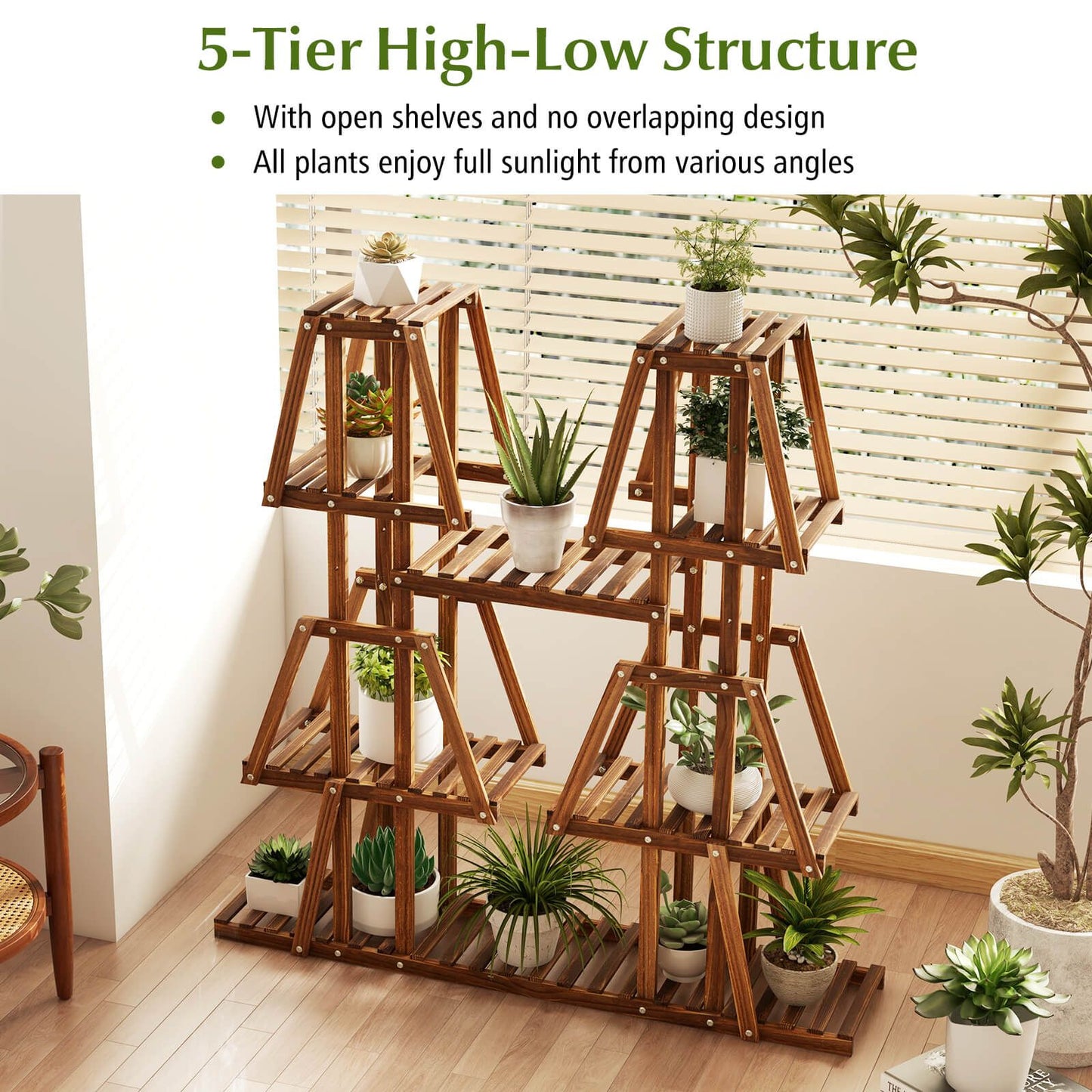 114 cm Tall Wooden Plant Stand - 5-Tier Rack for 10 Potted Plants