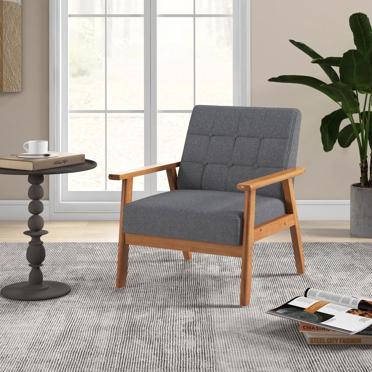 Mid-Century Modern Accent Chair with Breathable Linen Cloth