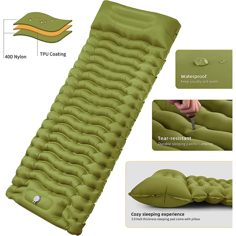 WESTTUNE Outdoor Camping Inflatable Mattress Thicken Sleeping Pad with Built-In Pillow & Pump Air Mat for Travel Hiking Climbing