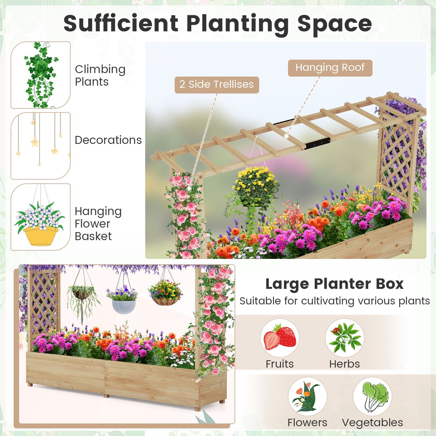 Elevated Garden Bed with Dual Trellis System and Canopy Roof