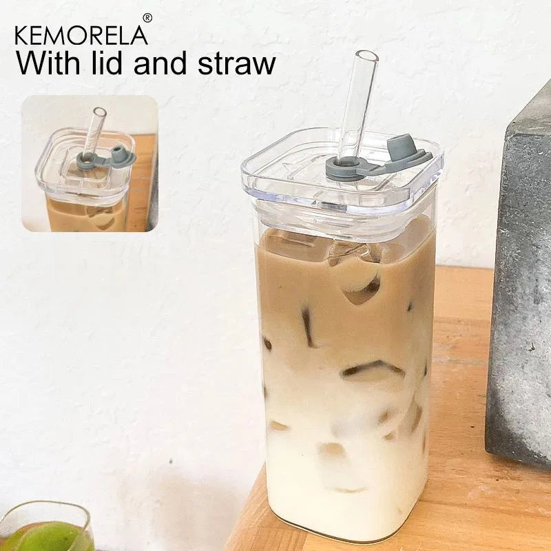  Square Heat Resistant Coffee Glass Cup with Lid and Straw Transparent Milk Tea Juice Cup Coffee Mug for Home Bar Drinkware