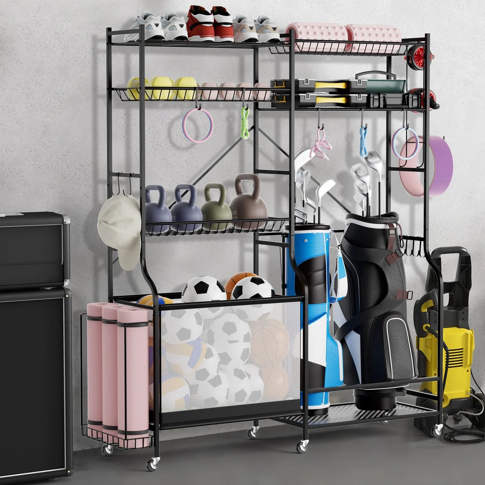 Metal Sports Equipment Organizer with Adjustable Shelving for Ball Storage