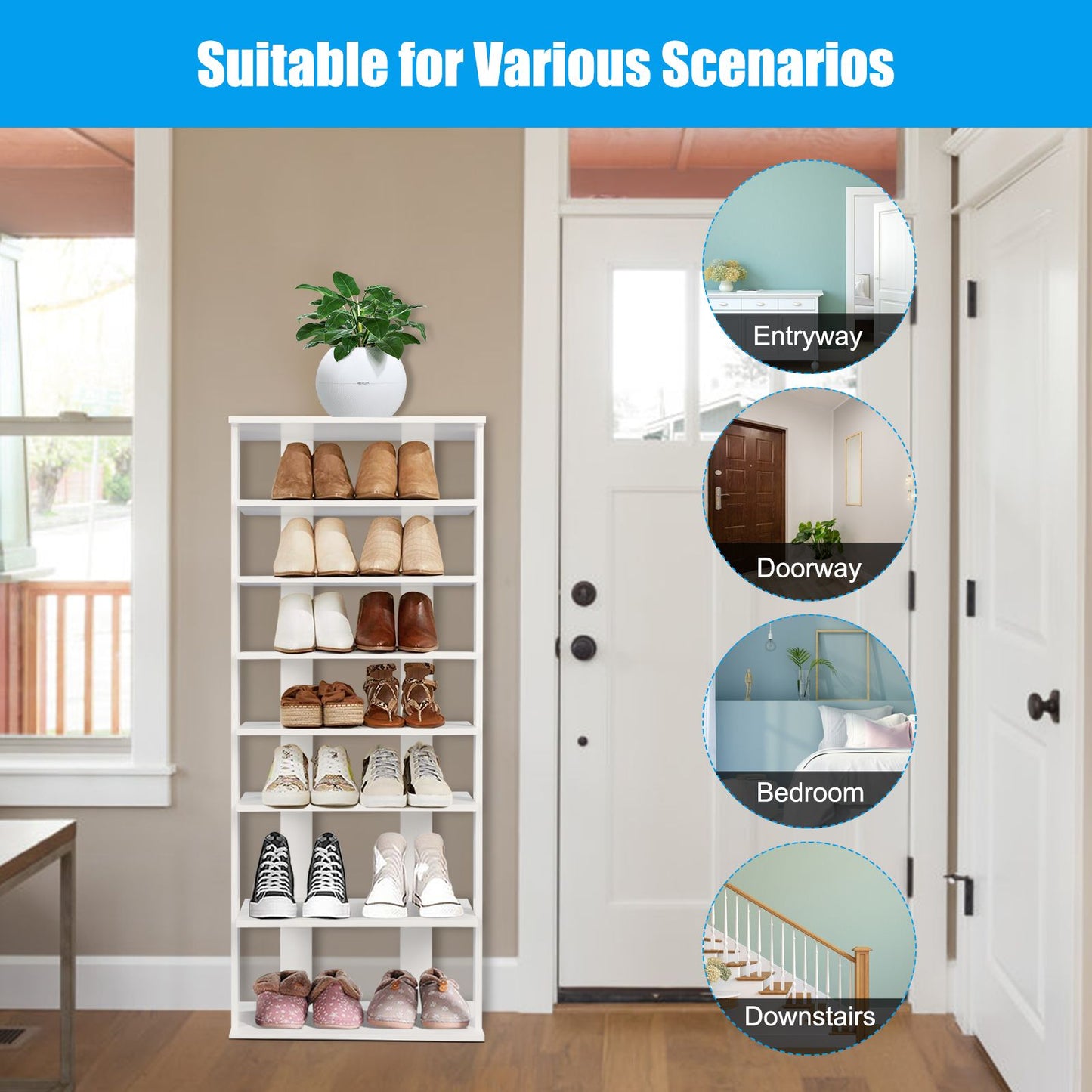 Extra Wide Vertical Wooden Shoe Rack with 7 Shelves