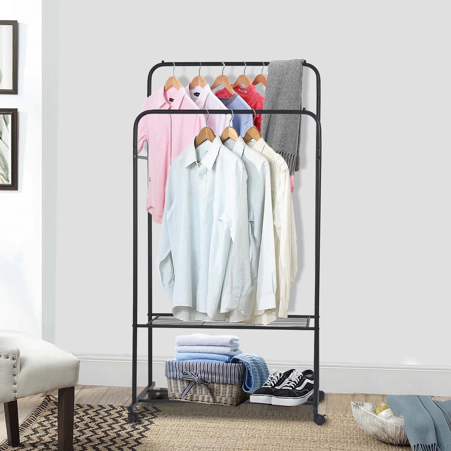 1.5M Large Clothes Rack Double Rail with Shoes Rack