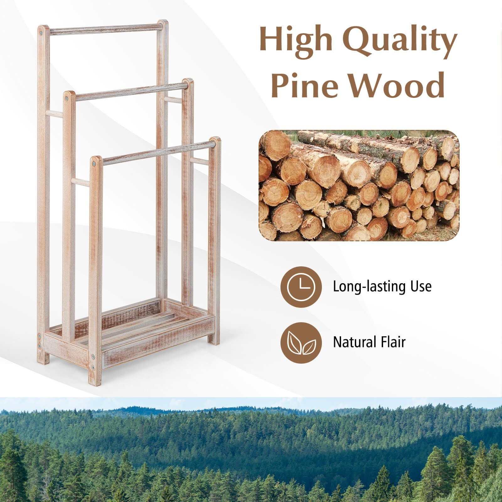 Freestanding Wood Towel Rack with 3 Individual Bars and Bottom Storage Shelf