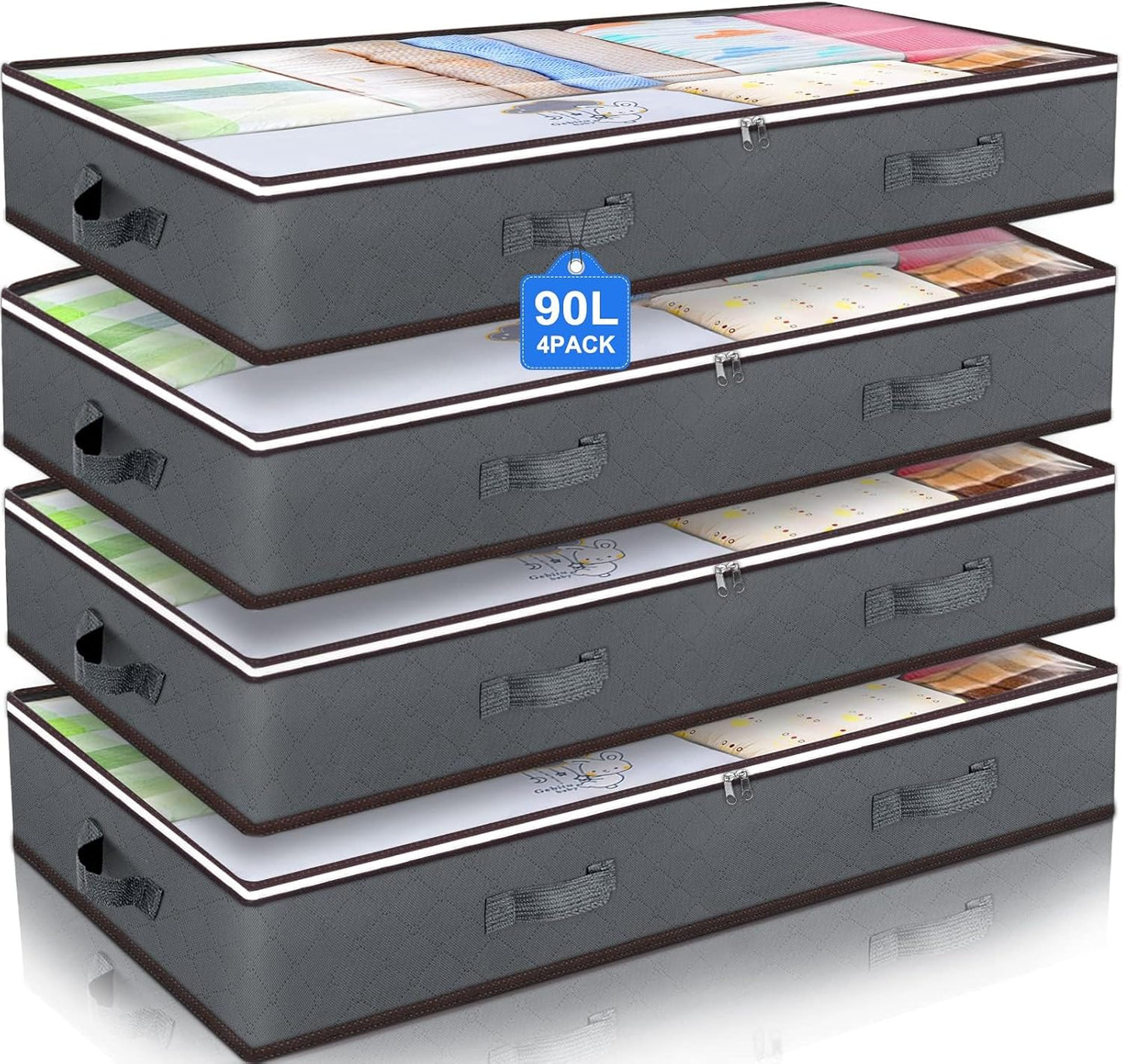 4 Pack Underbed Storage, 90L Large under Bed Storage Box with Lid