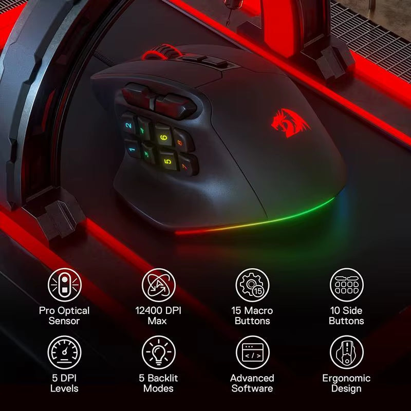 RGB Wired Gaming Mouse - 15 Programmable Buttons & Ergonomic Design for Ultimate Comfort