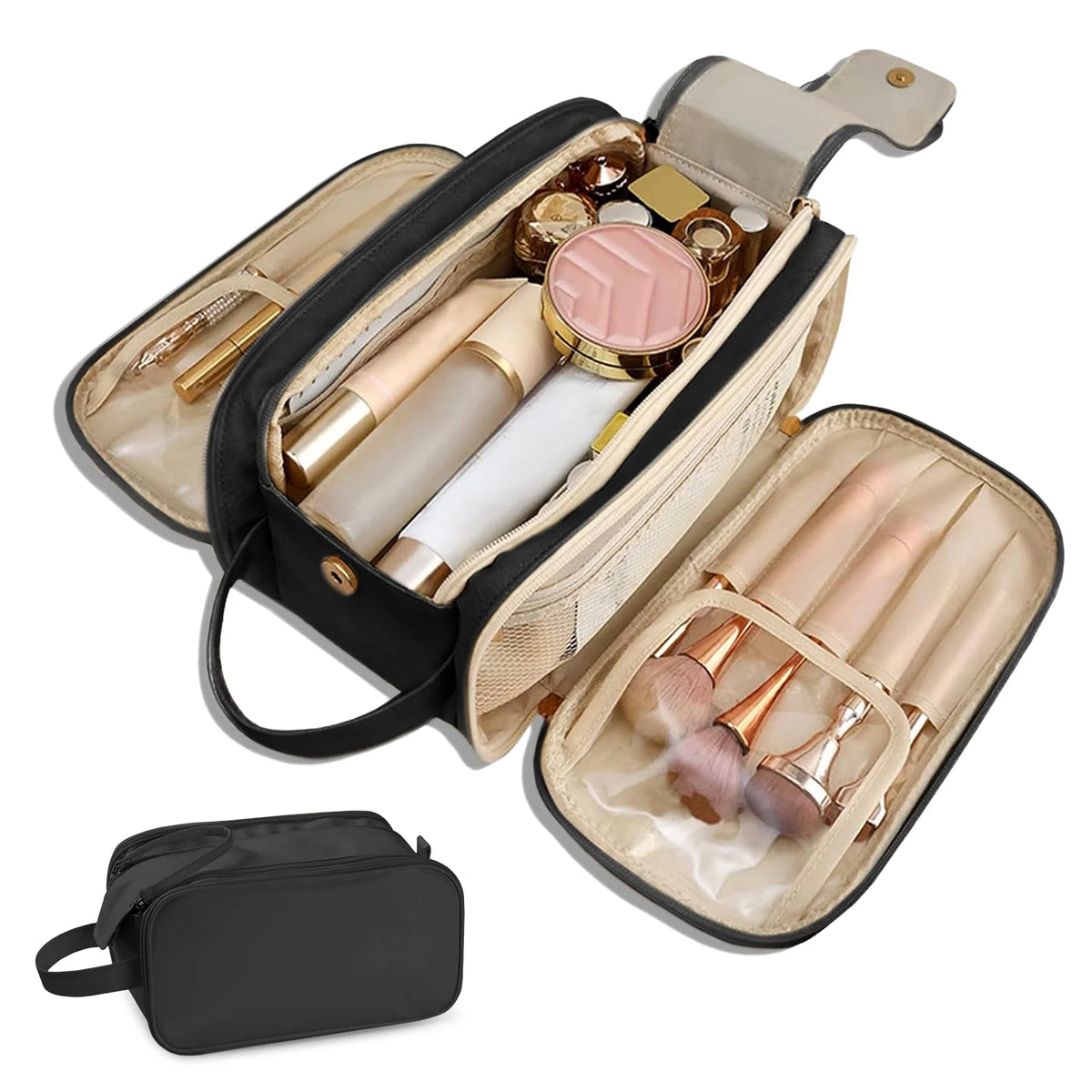 Travel Toiletry Bag for Women Men - Large Travel Toiletry Organizer Makeup Bag, Hanging Cosmetic Bag Kit - Leather