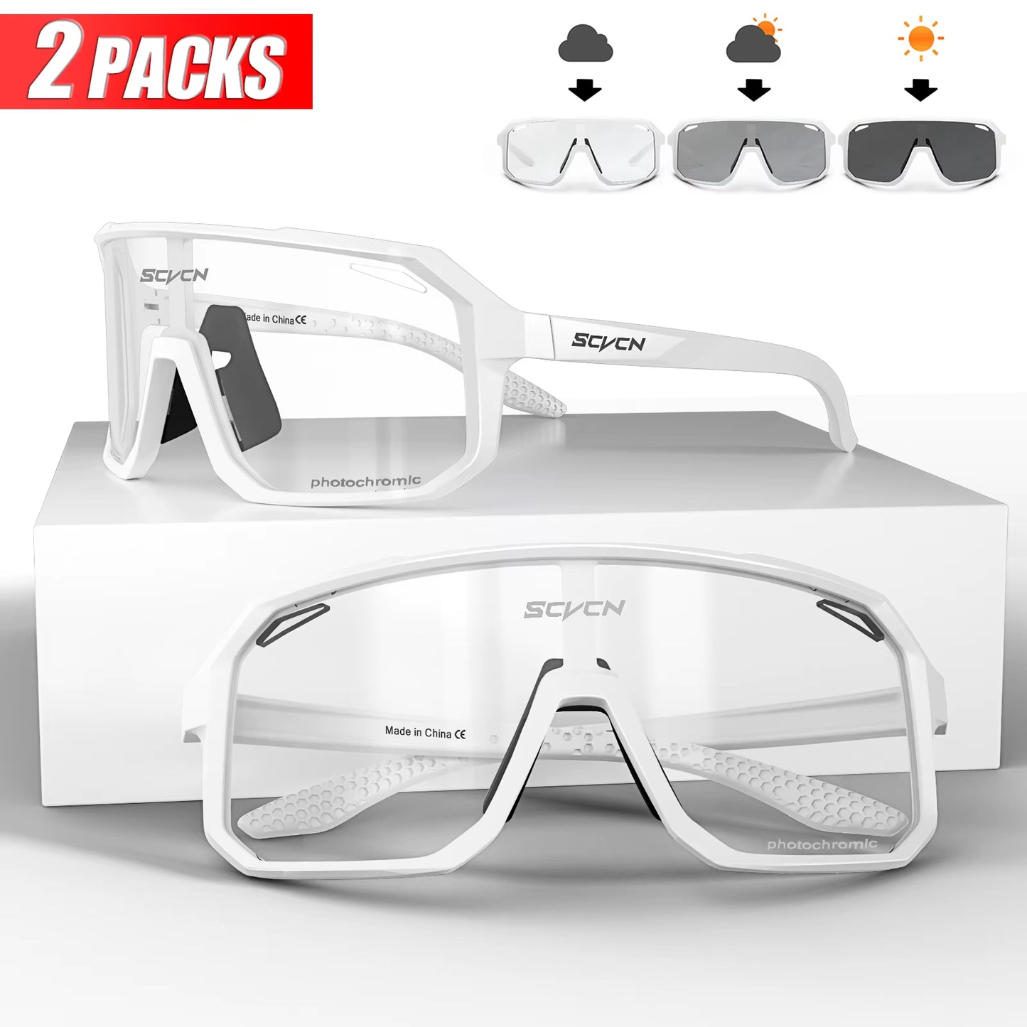 2 Packs Photochromic Riding Cycling Sunglasses Mtb Cycling Glasses Goggles Bicycle Mountain Bike Men'S Women Sport Eyewear