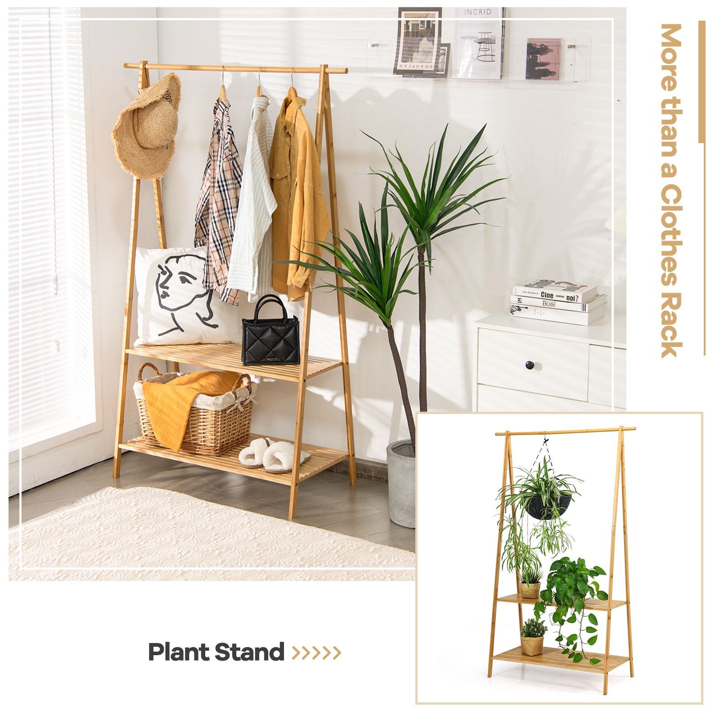 Bamboo Clothing Rack with Hanging Rod, Two Shelves, and Hooks