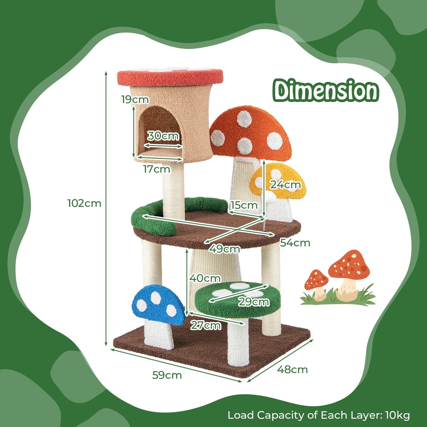 102 cm Cat Tree Tower with Natural Sisal Posts and Mushroom Design