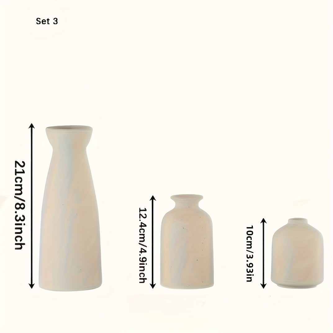 3pcs Bohemian Ceramic Vase Set - Matte Finish, Geometric & Floral Designs