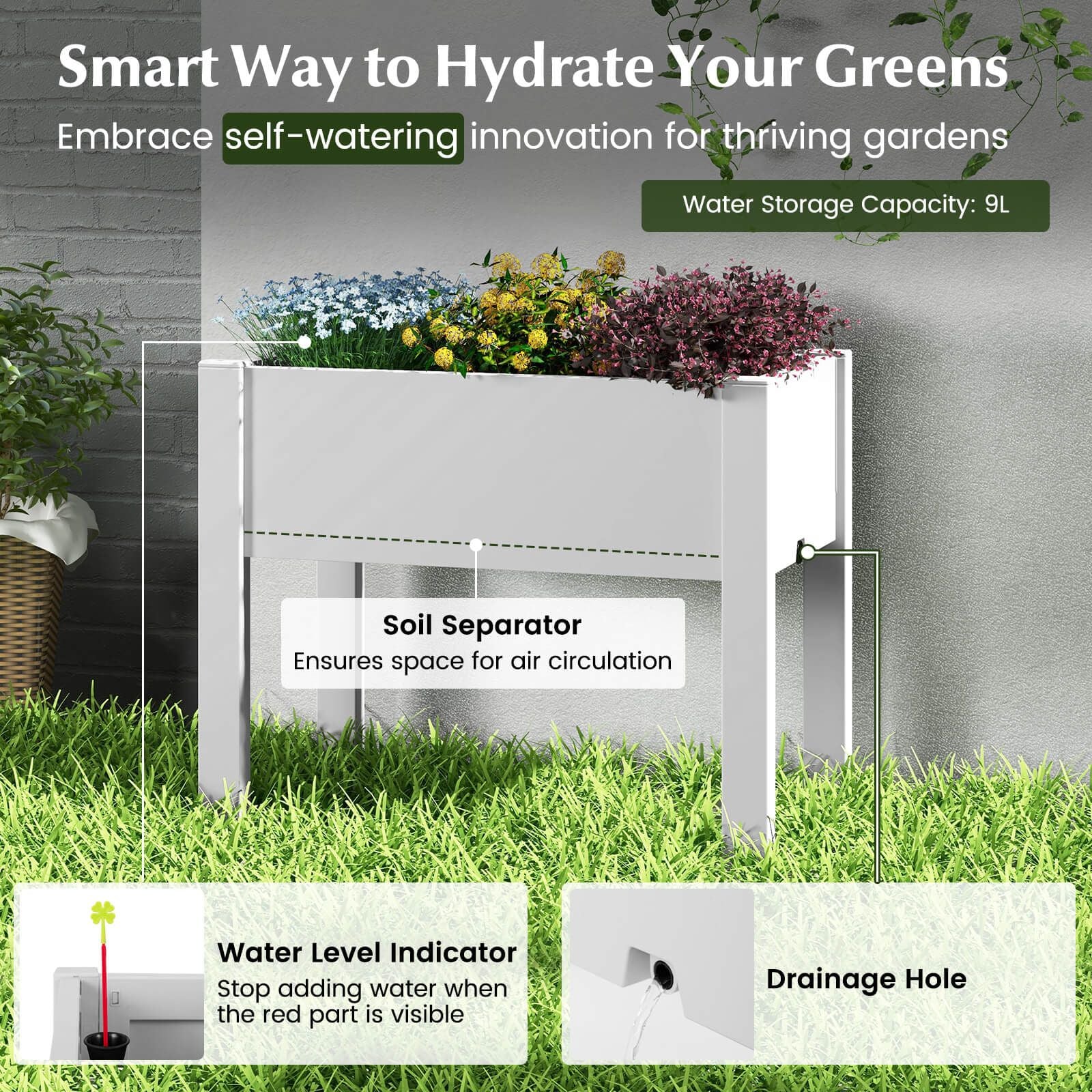 53L Elevated Garden Bed with Water Level Indicator and Drainage Feature
