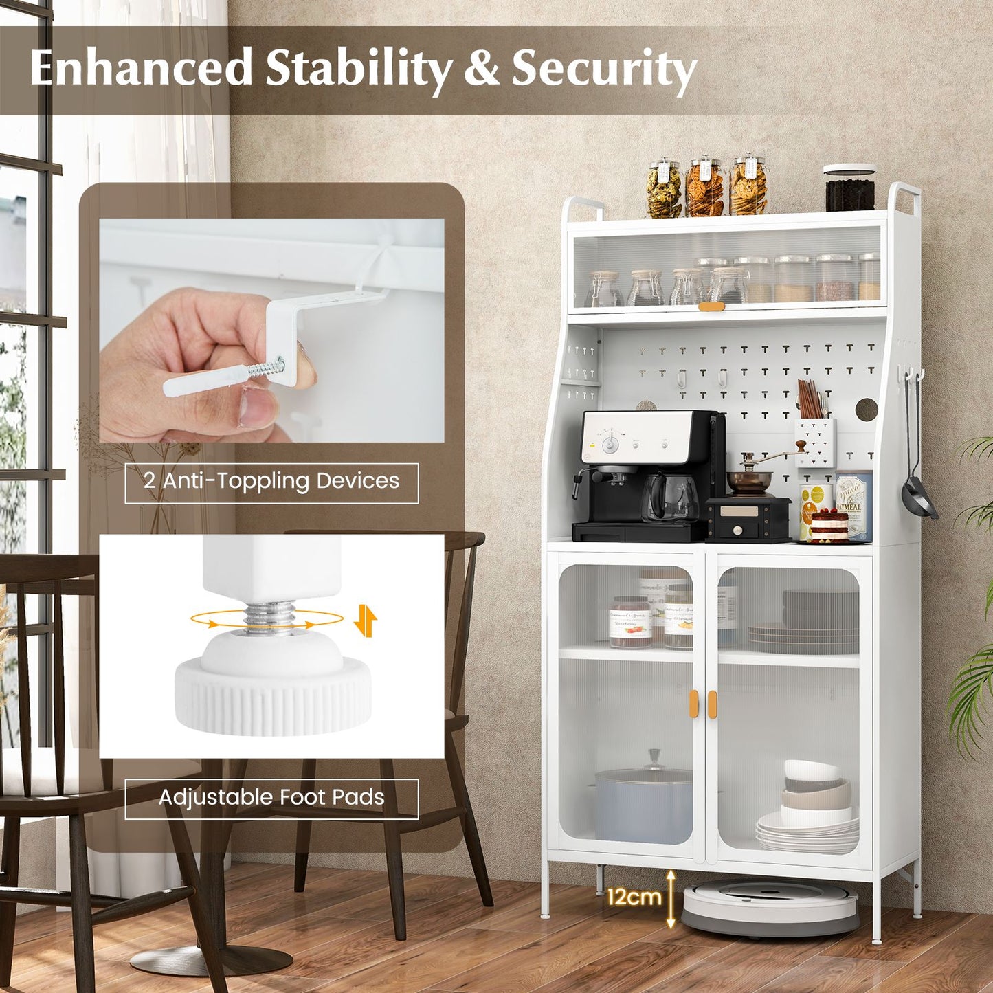 Freestanding Kitchen Pantry Storage Cabinet with Integrated Pegboard Baker Rack