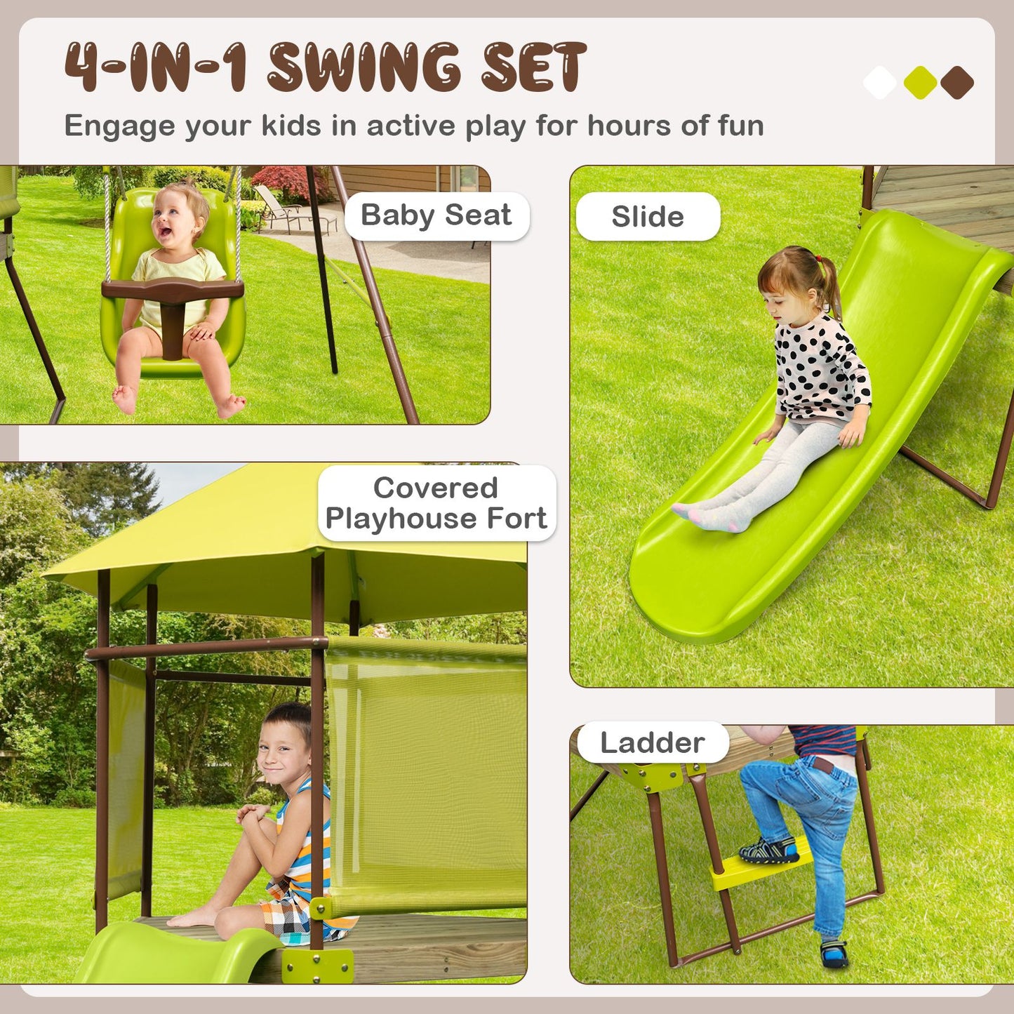 Height-Adjustable 4-in-1 Swing Set with Metal Frame and Ground Stakes