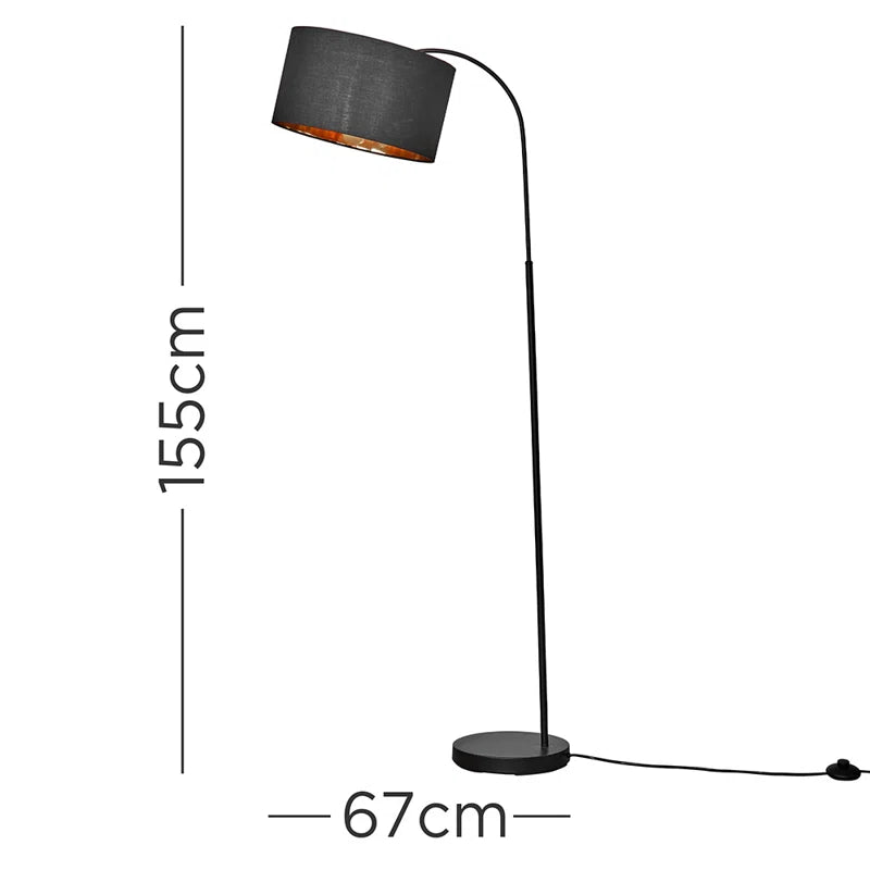 Elegant 155 cm Curva Trend Black Floor Lamp with Reni Large Black & Gold Drum Shade