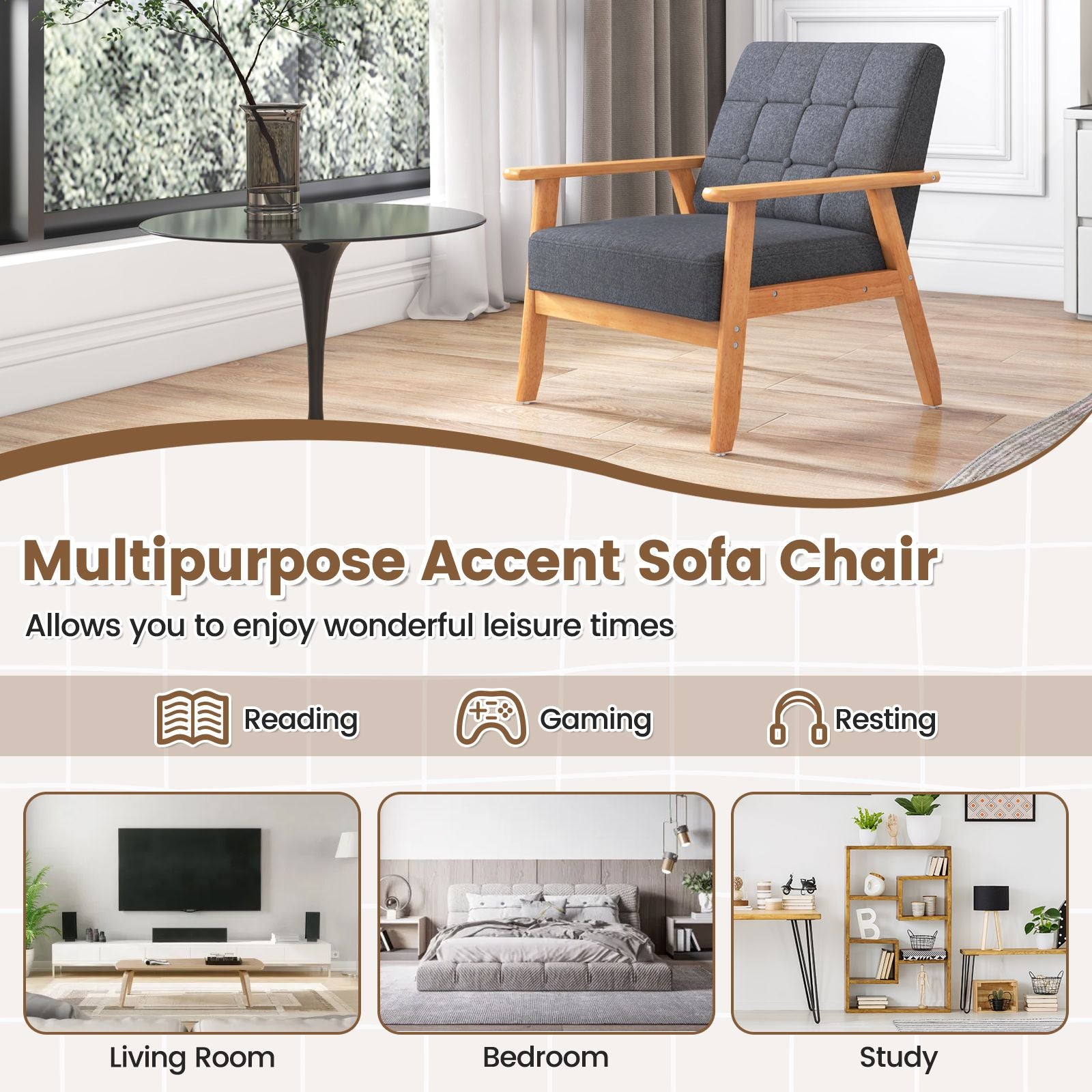 Mid-Century Modern Accent Chair with Breathable Linen Cloth