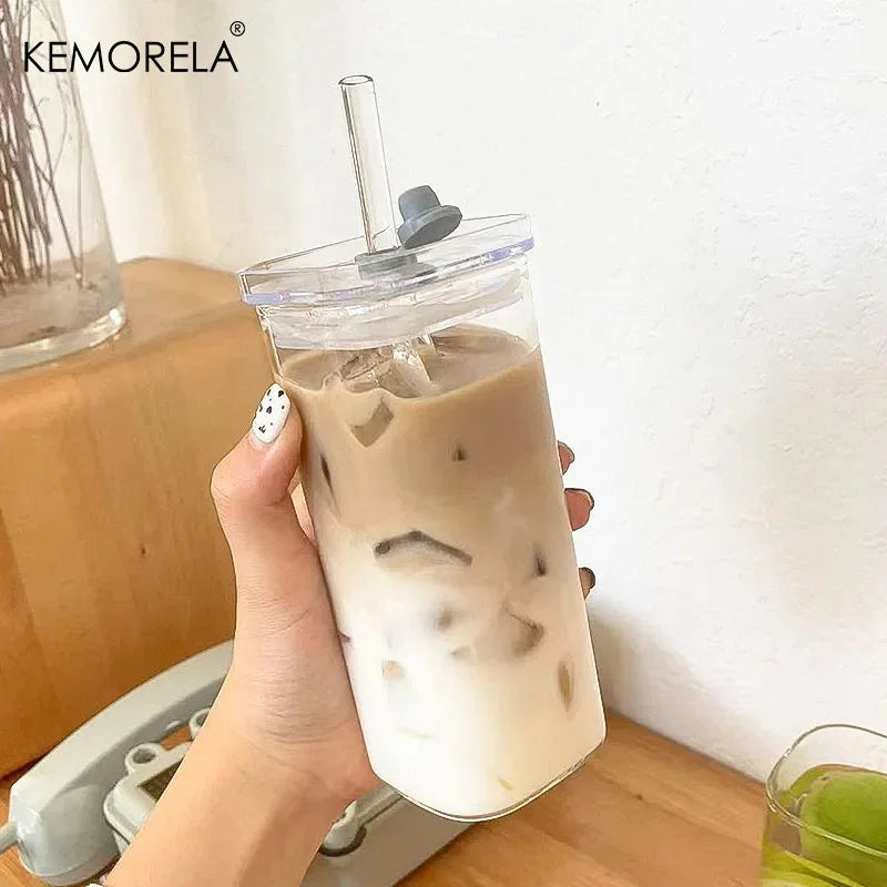  Square Heat Resistant Coffee Glass Cup with Lid and Straw Transparent Milk Tea Juice Cup Coffee Mug for Home Bar Drinkware