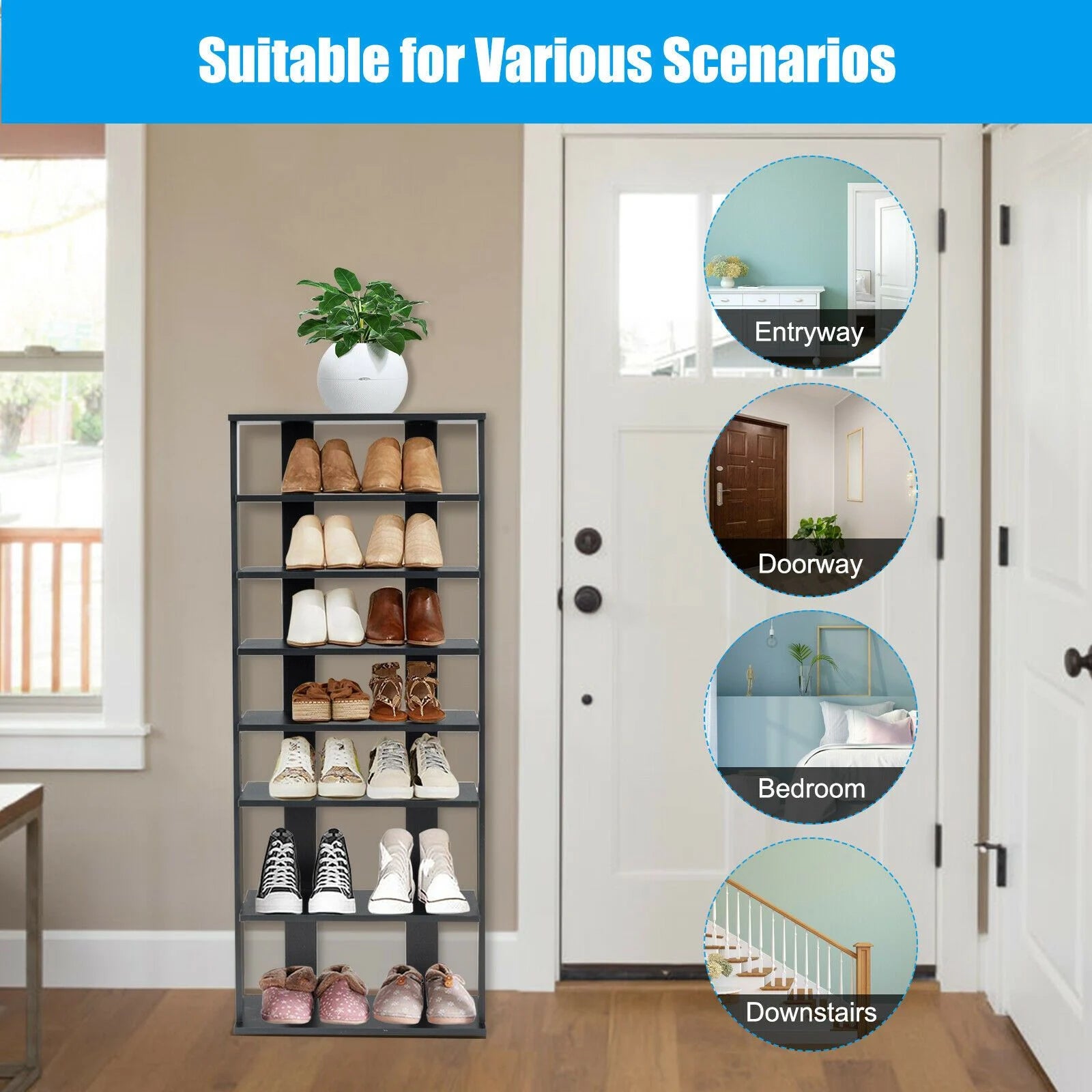Extra Wide Vertical Wooden Shoe Rack with 7 Shelves