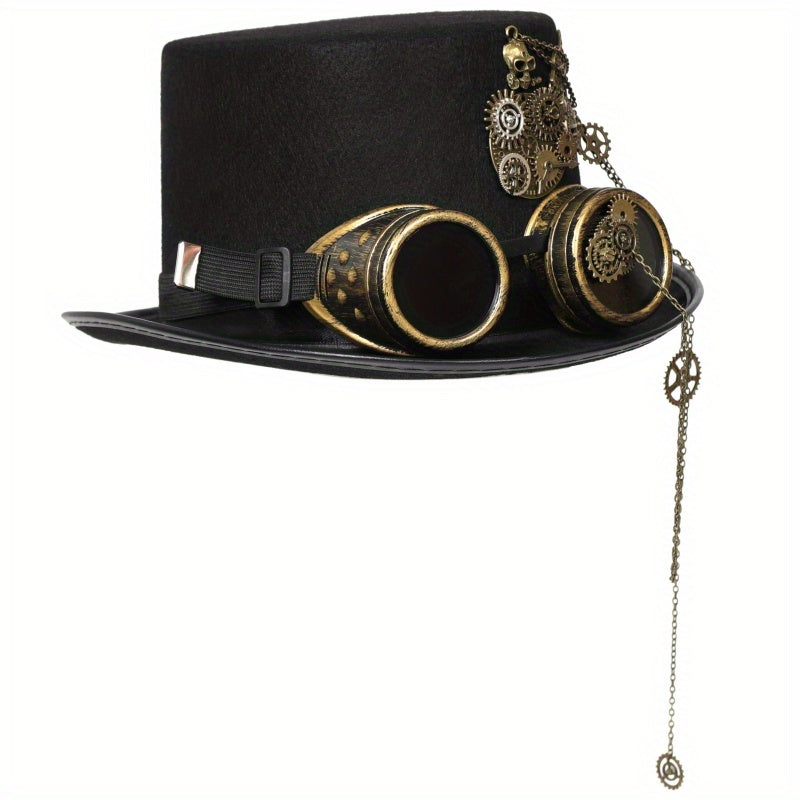 Heavy Metal Chain Teeth Skull Steampunk Hat with Detachable Goggles - Adjustable Unisex Gothic Victorian Accessory for Halloween, Cosplay & Role Play (22.83-23.23inch, Lightweight)