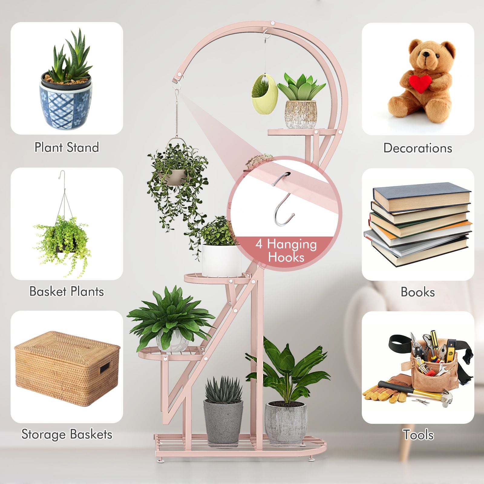 5-Tier Metal Heart-Shaped Plant Stand with Integrated Hanging Hooks