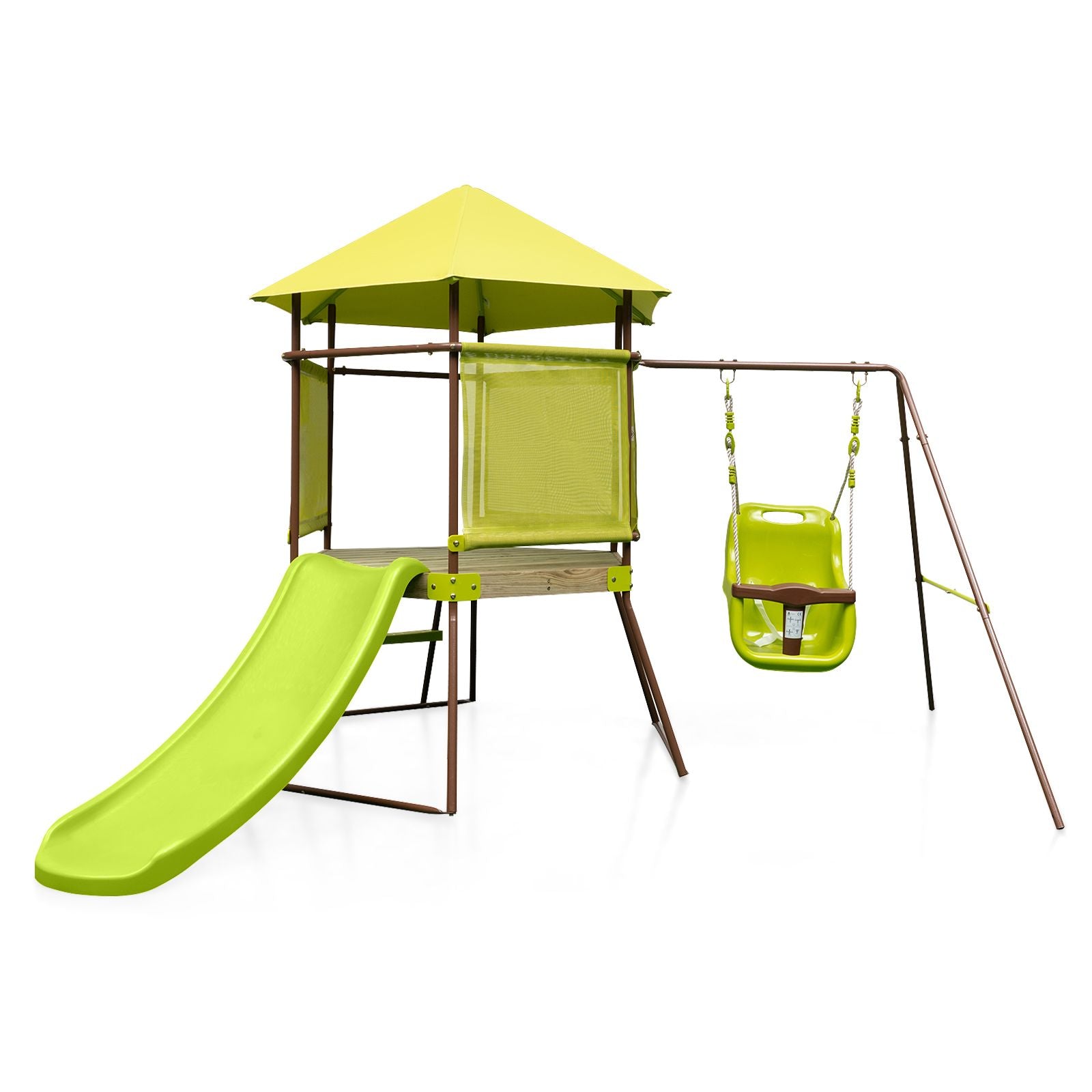 Height-Adjustable 4-in-1 Swing Set with Metal Frame and Ground Stakes