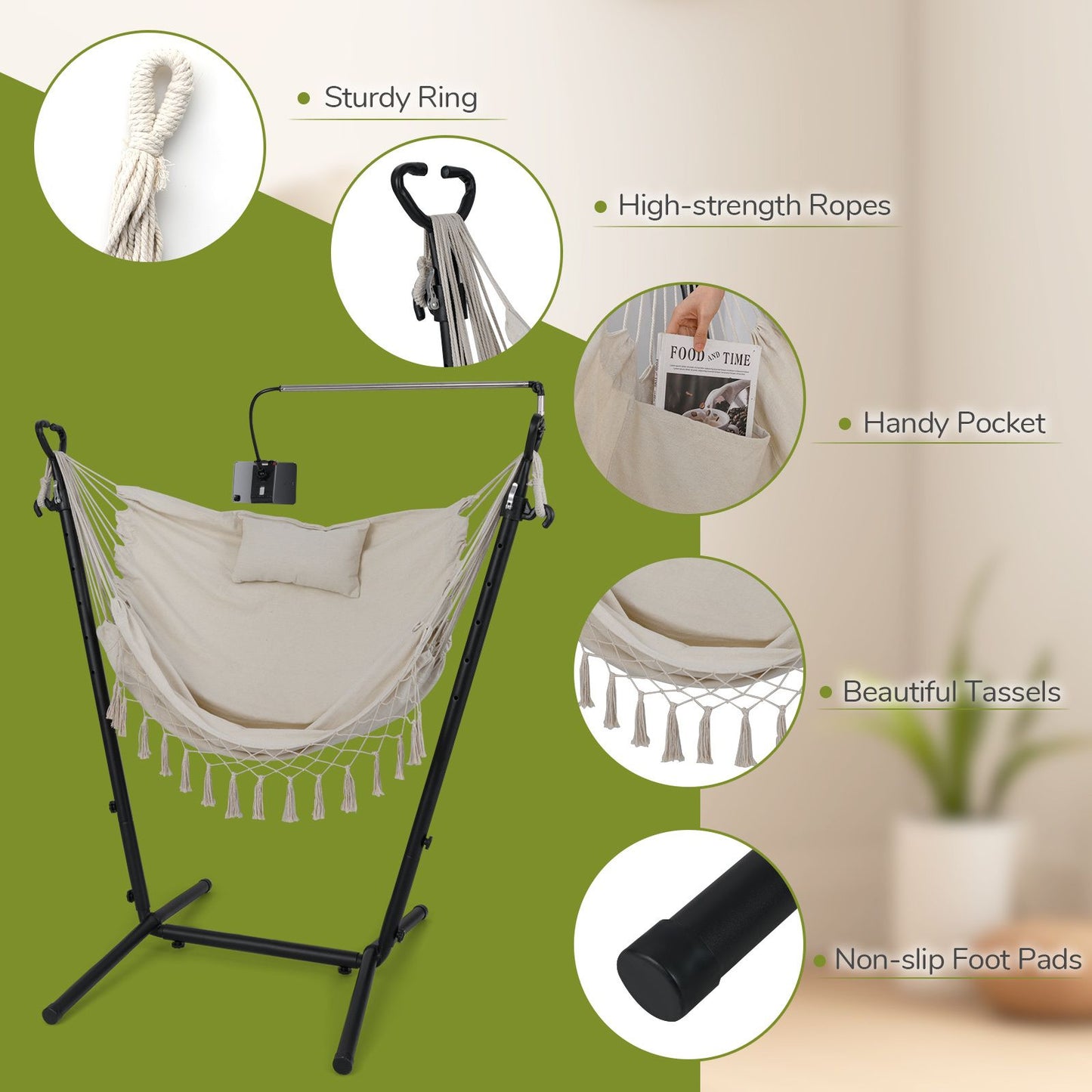 Hammock Chair with Stand and Integrated Phone Holder