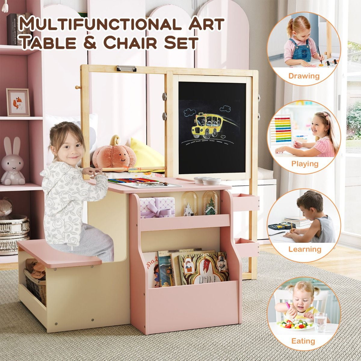Delightful Children's Art Easel Table and Bench Set with Adjustable Easel and Integrated Bookshelf for Creative Play